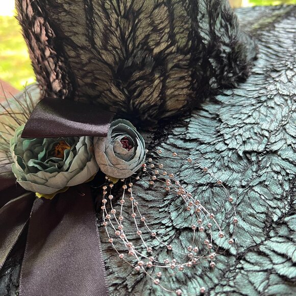 One-of-a-Kind Handmade Teal & Black Witch's Hat w/Decorative Flower & Black Bow - Picture 7 of 13